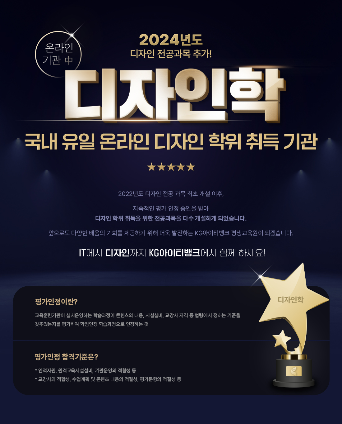 2024년도 디자인 전공과목 추가! 온라인 기관 중 디자인학 국내 유일 온라인 디자인 학위 취득 기관. 2022년도 디자인 전공 과목 최초 개설 이후, 지속적인 평가 인정 승인을 받아 디자인 학위 취득을 위한 전공과목을 다수 개설하게 되었습니다. 앞으로도 다양한 배움의 기회를 제공하기 위해 더욱 발전하는 KG아이티뱅크 평생교육원이 되겠습니다. IT에서 디자인까지 KG아이티뱅크에서 함께 하세요! 평가인정이란? 교육훈련기관이 설치운영하는 학습과정이 콘텐츠의 내용, 시설설비, 교강사 자격 등 법령에서 정하는 기준을 갖추었는지를 평가하여 학습과정으로 인정하는 것. 평가인정 합격기준은? * 인적자원, 원격교육시설설비, 기관운영의 적합성 등. * 교강사의 적합성, 수업계획 및 콘텐츠 내용의 적절성, 평가문항의 적절성 등.